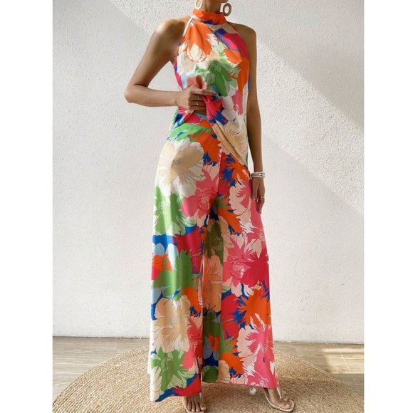 Floral Print Halter Top & Wide Leg Pants Coord Set - Picture 3 of 9